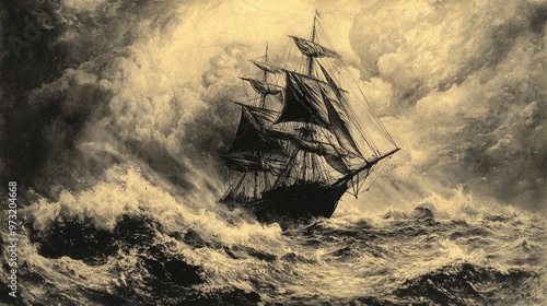 An old engraving of a sailing ship battling a storm at sea, with finely detailed rigging, sails, and turbulent waters to convey drama and movement