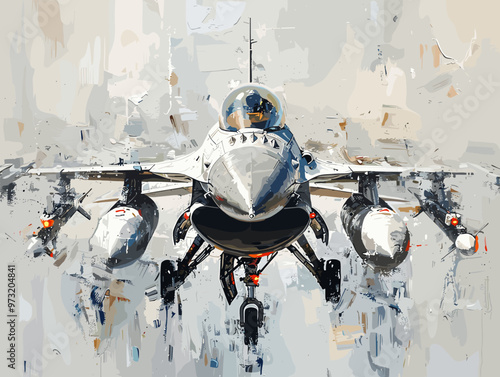 Military fighter jet on the background of an oil painting. Illustration