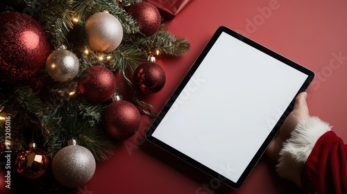 Christmas holiday scene with santa holding ipad for festive digital designs