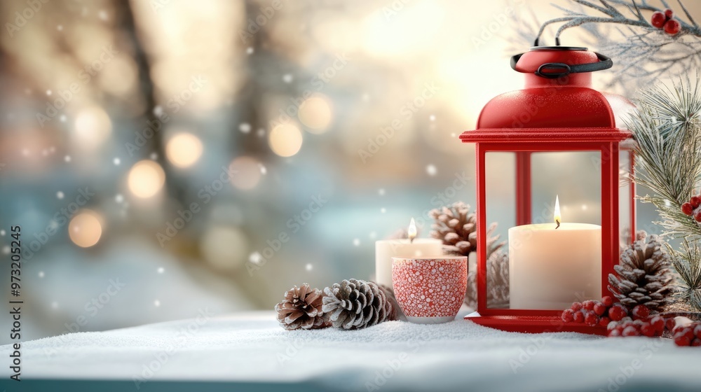 Red lantern with decorative candles and snow on a winter background for a Christmas and New Year holiday greeting card. Red lantern with decorative candles and snow on a winter background for a Christmas and New Year holiday greeting card.