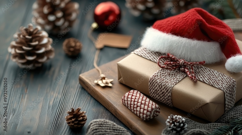 Fototapeta premium Christmas and New Year holiday greeting card with a red Santa hat, pine cones, and a decorative gift on a wooden background.