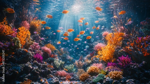 An underwater scene where fish, corals, and seaweed have a 3D glowing effect, bringing a magical and vibrant life to the deep sea