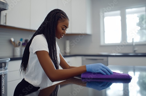 Woman Cleaning Kitchen Countertop with Purple Cloth and Gloves photo