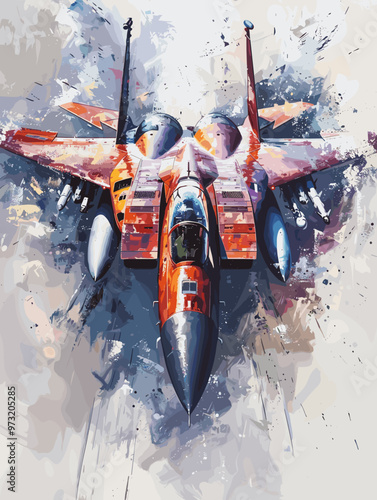 Military fighter jet on the background of an oil painting. Illustration