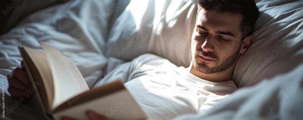 Man reading a book in bed with soft morning light streaming through sheer curtains, creating a calming and peaceful atmosphere. Man reading a book in bed with soft morning light streaming through sheer curtains, creating a calming and peaceful atmosphere.