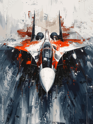 Military fighter jet on the background of an oil painting. Illustration