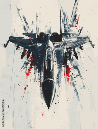 Military fighter jet on the background of an oil painting. Illustration