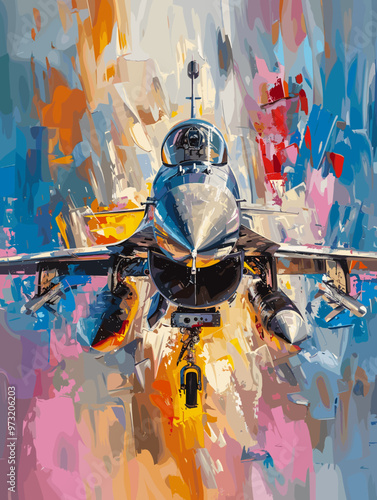 Military fighter jet on the background of an oil painting. Illustration