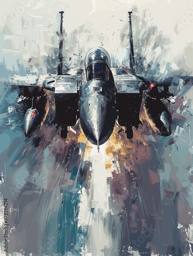 Military fighter jet on the background of an oil painting. Illustration