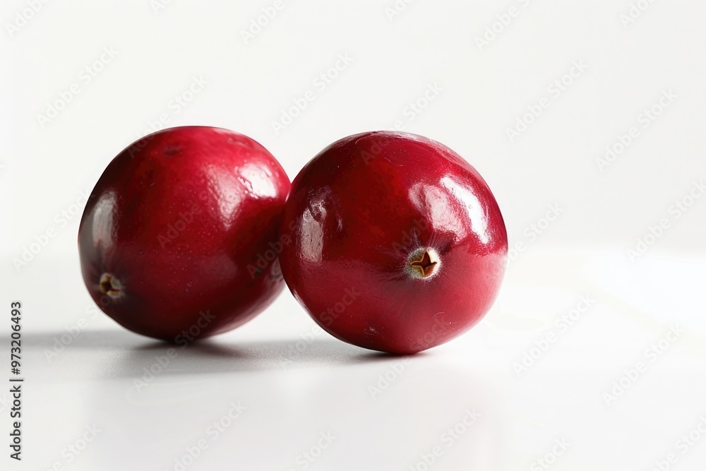 Two ripe cranberries sit together on a clean white surface, ready for use Two ripe cranberries sit together on a clean white surface, ready for use