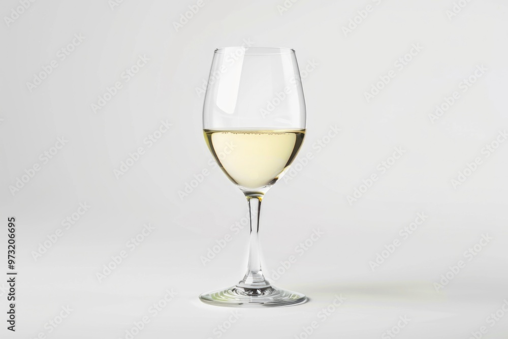 A glass of white wine sits alone on a table, ready for a drink or toast A glass of white wine sits alone on a table, ready for a drink or toast