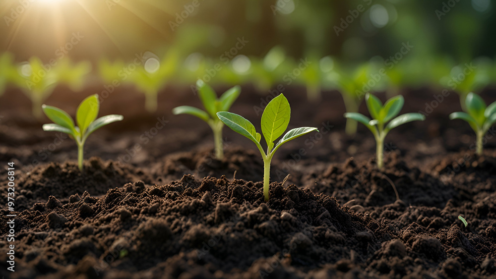 Planting seedlings in the morning light with a nature backdrop. Planting seedlings in the morning light with a nature backdrop.