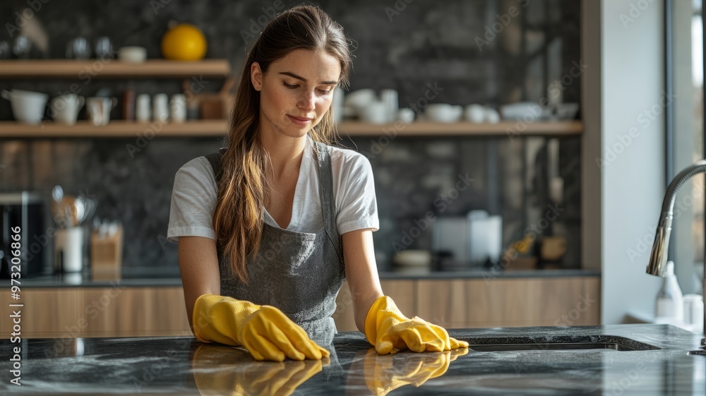 Woman Cleaning Kitchen Countertop with Yellow Gloves Woman Cleaning Kitchen Countertop with Yellow Gloves