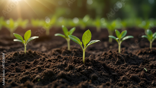 Planting seedlings in the morning light with a nature backdrop.