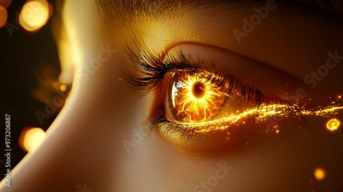 Close Up of Human Eye with Glowing Golden Light and Sparkles