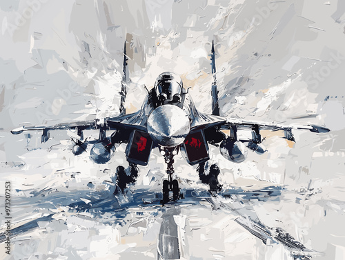 Military fighter jet on the background of an oil painting. Illustration