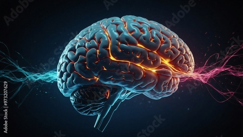 A detailed view of a brain showing neural flux dynamics in a dark background, illustrating brain activity and connectivity. Generative AI
