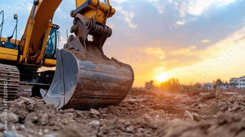 Excavator at sunset: construction and earthmoving in golden hour