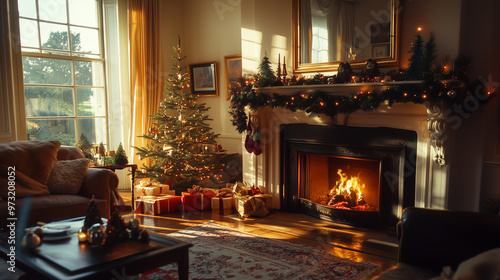 Cozy Living Room with Christmas Tree and Fireplace Decorated for the Holidays