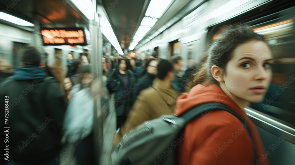 Urban commute dynamics: motion blur in a busy subway station for modern city life concept Urban commute dynamics: motion blur in a busy subway station for modern city life concept