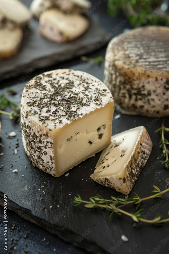 Close-up of Munster cheese with herbs, artfully arranged on black stone plates, showcasing rich Close-up of Munster cheese with herbs, artfully arranged on black stone plates, showcasing rich