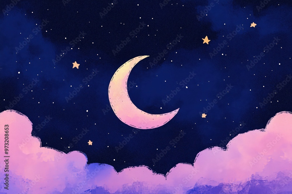 Naklejka premium A beautiful night sky with twinkling stars and fluffy clouds. Perfect for backgrounds or celestial-themed designs. Beautiful simple AI generated image