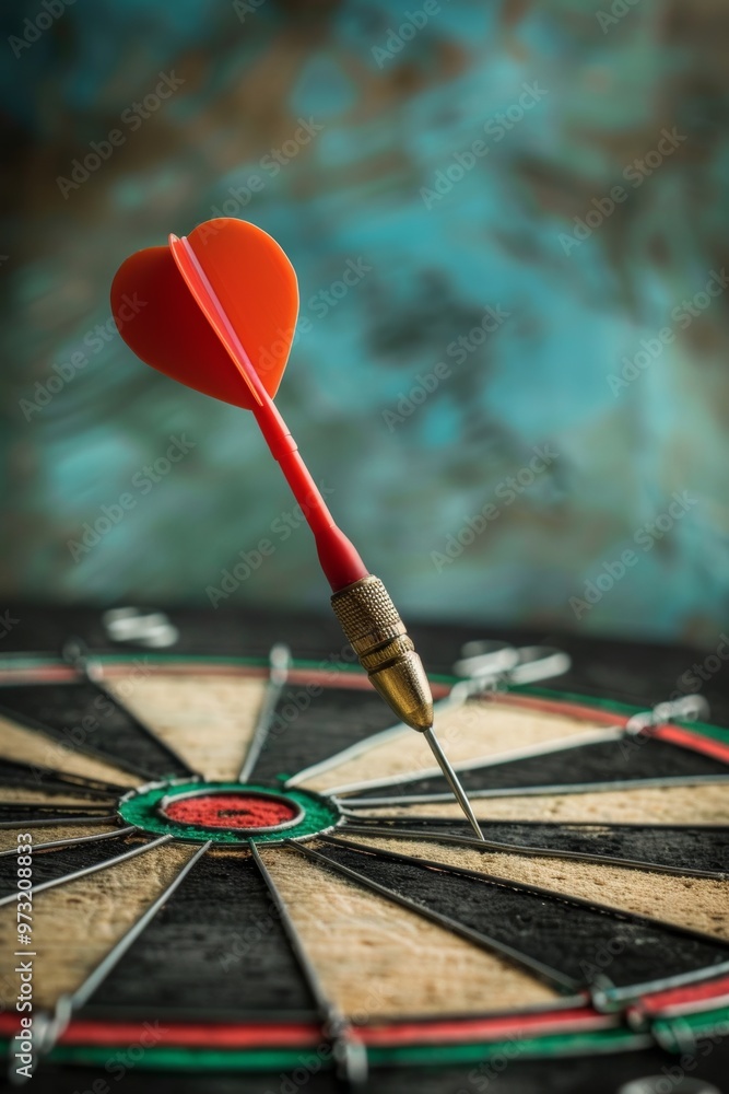 Dart arrow hitting the center of a target on a dartboard, symbolizing the achievement of busines Dart arrow hitting the center of a target on a dartboard, symbolizing the achievement of busines