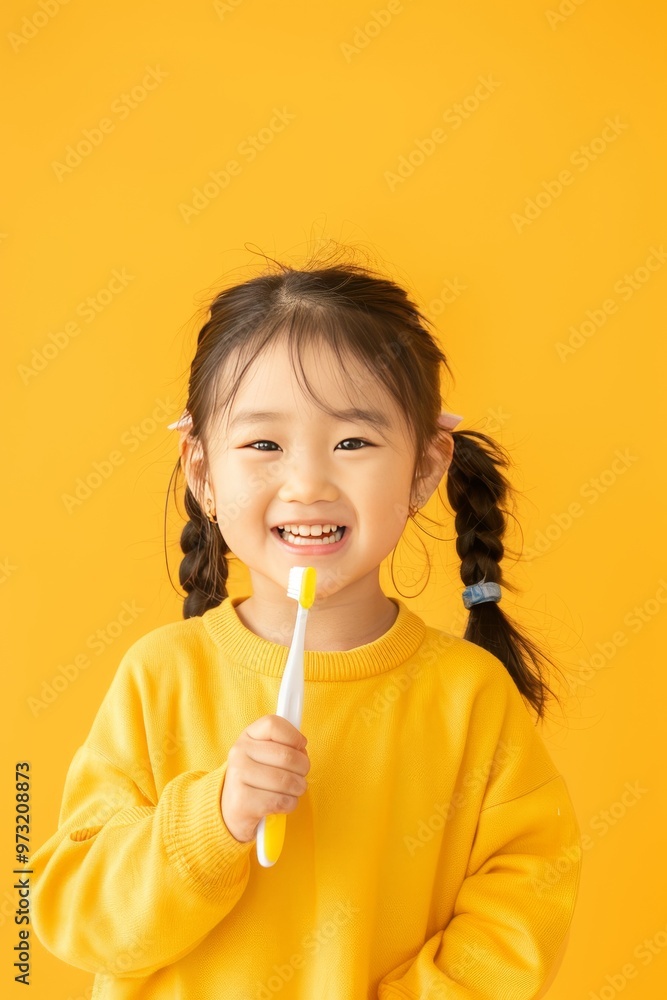Happy smiling Asian child holding a toothbrush against a vibrant yellow background, embodying dental Happy smiling Asian child holding a toothbrush against a vibrant yellow background, embodying dental