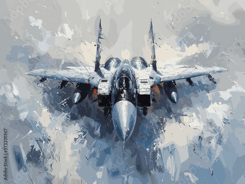 Military fighter jet on the background of an oil painting. Illustration