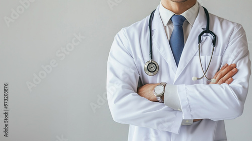 Inspirational Male Doctor Practitioner Portrait in a Clean Background – Professional Composition with a Minimalist, Clean Background, Ideal for Commercial Photography and Sales Funnel Visuals. photo