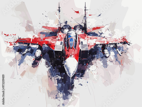 Military fighter jet on the background of an oil painting. Illustration