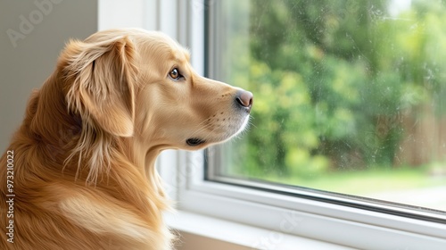 Golden retriever looking out sunlit window - serene pet portrait for home decor and pet enthusiasts photo