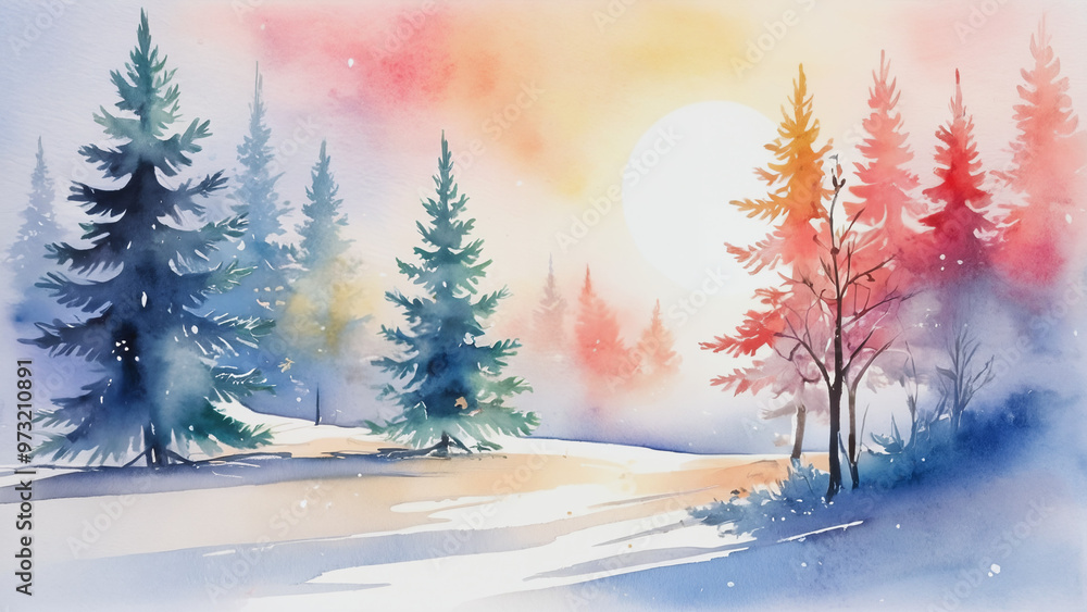 Winter landscape with colorful trees and sunset in watercolor style with copy space Winter landscape with colorful trees and sunset in watercolor style with copy space