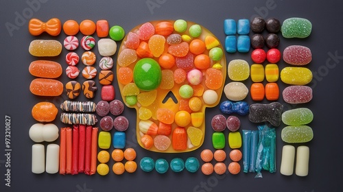 Halloween candy arranged in a skull-shaped pattern, eerie and colorful, 3D illustration photo