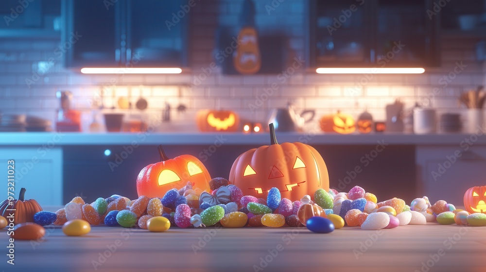 Halloween candy in a haunted house kitchen, eerie lighting, 3D illustration Halloween candy in a haunted house kitchen, eerie lighting, 3D illustration