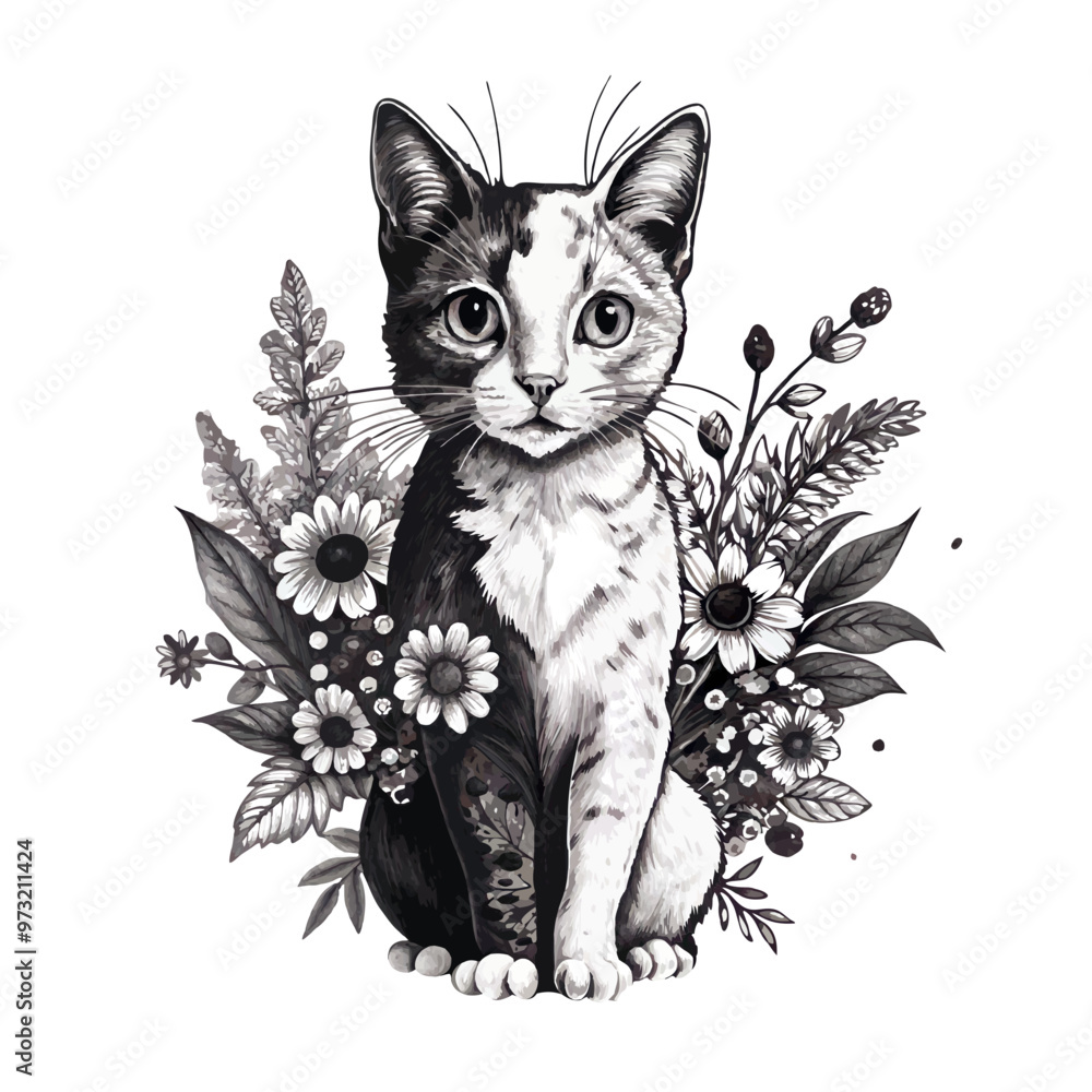 Obraz premium Charming black and white graphic illustration of a cat surrounded by flowers and foliage