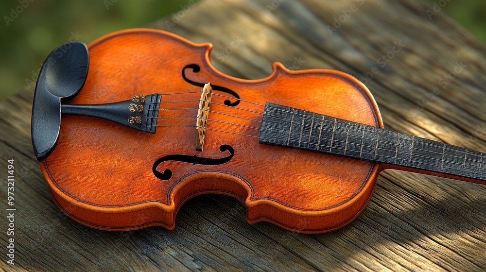 Fototapeta premium Beautifully crafted wooden violin resting on a rustic table, showcasing intricate details and rich, warm colors.