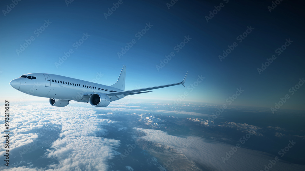 Naklejka premium Airplane Flying Against a Clear Sky – Captivating Image of a Airplane Soaring Through the Open Sky, Perfect for Travel, Aviation, Adventure Themes, and Sky-Related Visuals in Creative Projects.
