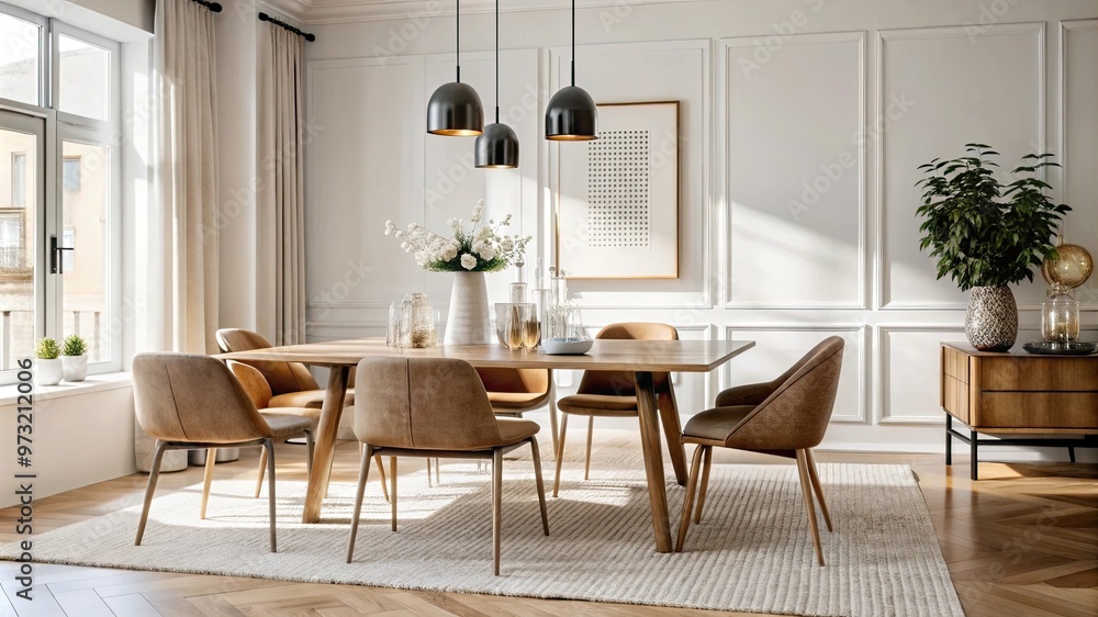 Detailed view of a minimalistic dining area with a simple table, elegant chairs, and understated decor, creating a refined and open dining space. Detailed view of a minimalistic dining area with a simple table, elegant chairs, and understated decor, creating a refined and open dining space.
