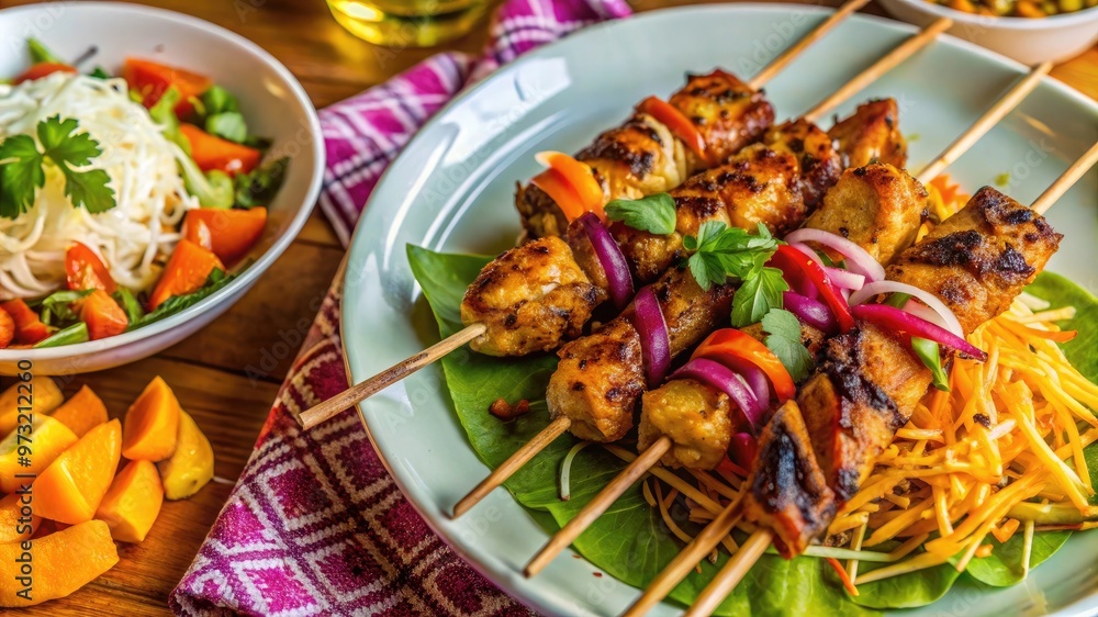 Detailed view of grilled chicken skewers served with a fresh and crunchy papaya salad, emphasizing the rich flavors and colorful presentation. Detailed view of grilled chicken skewers served with a fresh and crunchy papaya salad, emphasizing the rich flavors and colorful presentation.