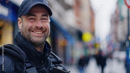 Content security personnel and portrait of safety officer on patrol for protection, equipped with a walkie-talkie and focused on crime prevention outdoors