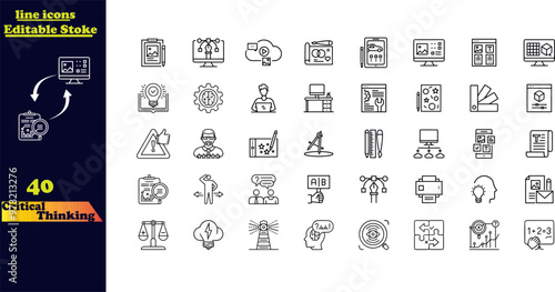 Editable stroke icon set for critical thinking, featuring icons for thinking, problem-solving, analysis, reasoning, evaluation, experience, research, logic, and listening.