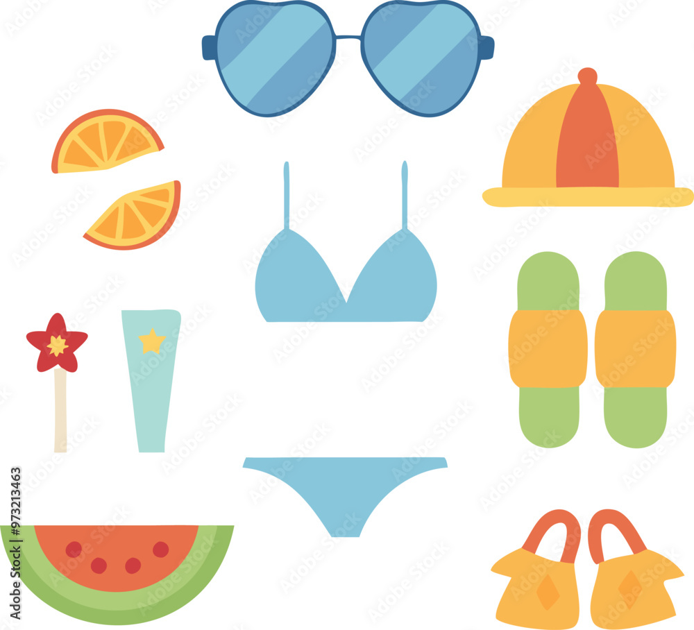 Summer cute elements set. Swimsuit, ice cream, palm leaves, beach umbrella, soda. Isolated vector illustration for posters, cards, background Summer cute elements set. Swimsuit, ice cream, palm leaves, beach umbrella, soda. Isolated vector illustration for posters, cards, background