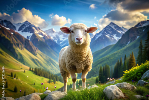 A Single Sheep Standing on Rocks with Mountainous Background