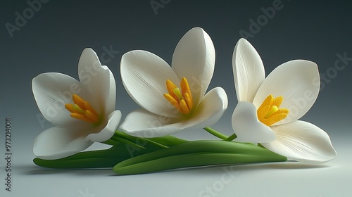 Elegant white flowers with yellow stamen and green leaves, perfect for floral designs or nature-inspired themes.