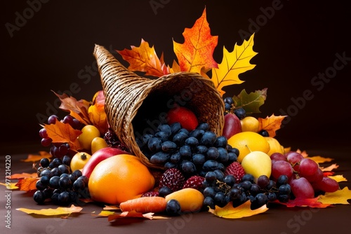 A cornucopia centerpiece, overflowing with fruits, vegetables, and autumn leaves, symbolizing the abundance of the Thanksgiving season photo