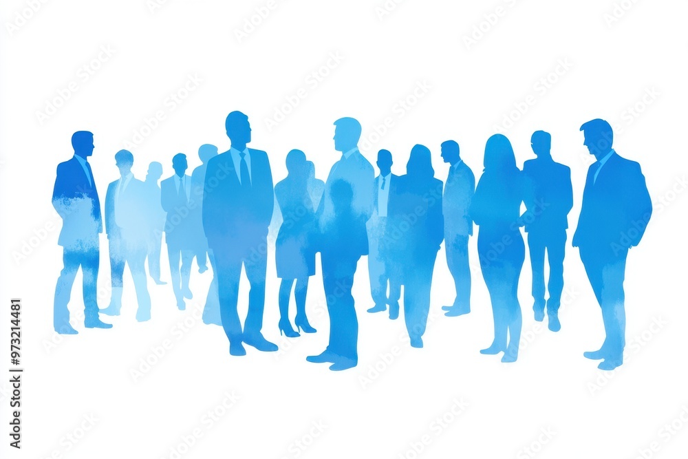 A blue vector silhouette of business people standing in front of and behind each other, on a white background Generative AI A blue vector silhouette of business people standing in front of and behind each other, on a white background Generative AI