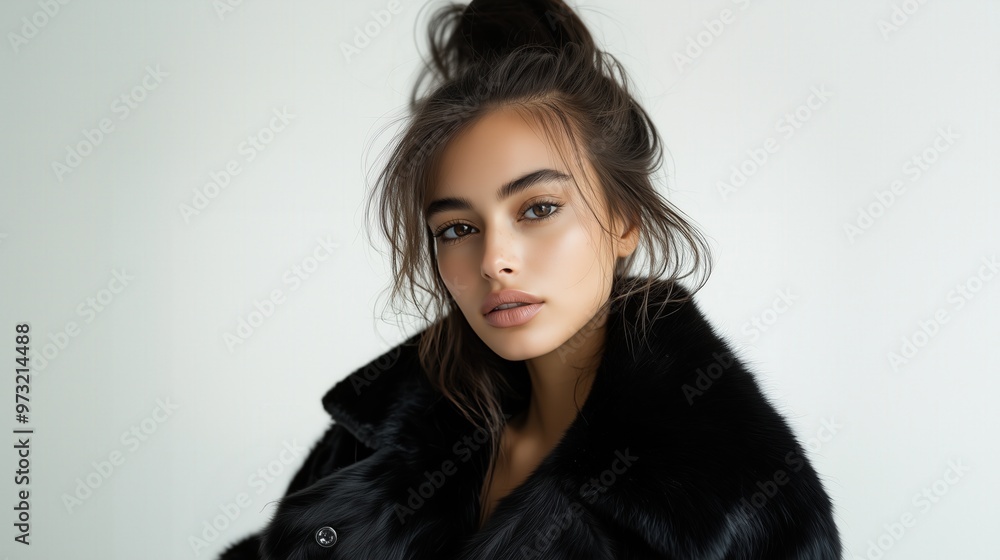 Elegant winter fashion portrait: woman in black mink fur coat for luxury apparel promotions Elegant winter fashion portrait: woman in black mink fur coat for luxury apparel promotions
