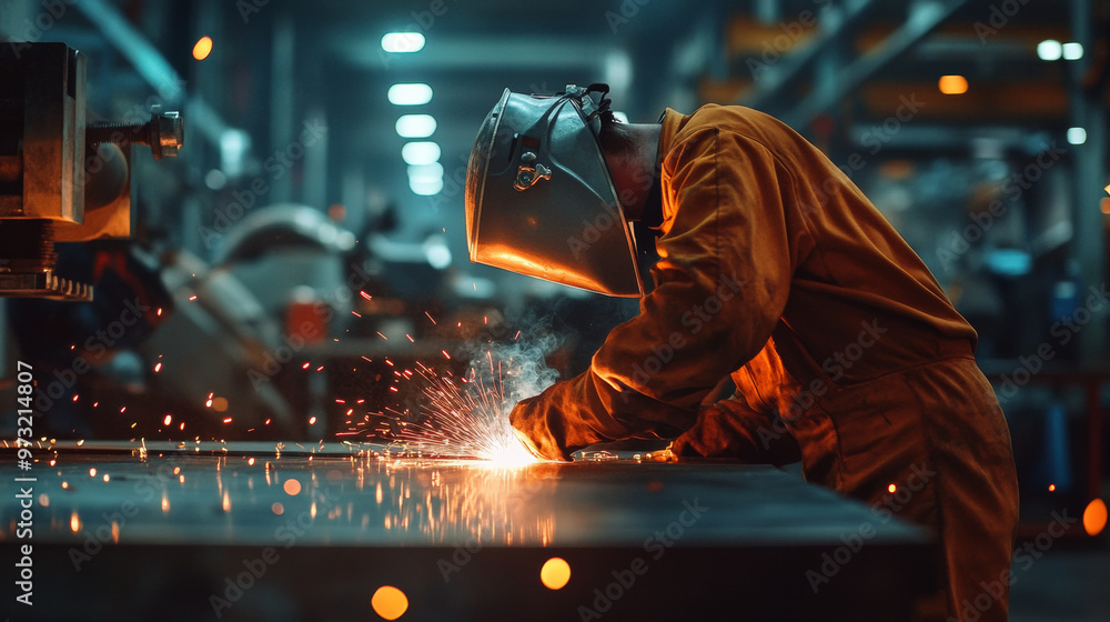 A worker is using a welding torch to join pieces of metal together at their job. A worker is using a welding torch to join pieces of metal together at their job.