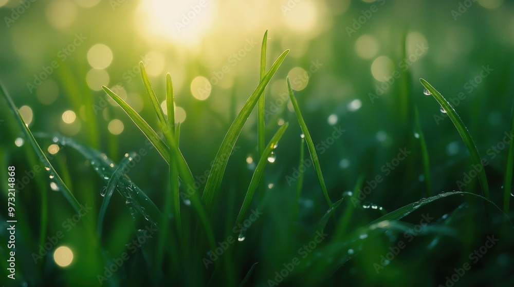 Dew on the grass and sunlight. Drops of water on the green grass. Dew on the grass and sunlight. Drops of water on the green grass.